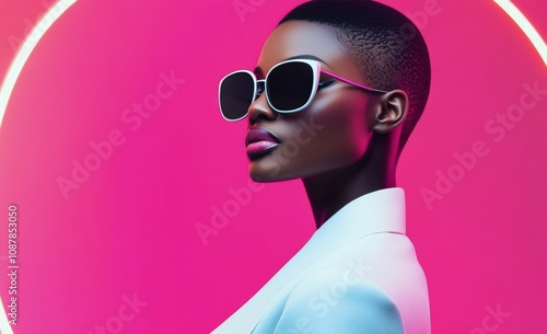 Stylish model wearing sunglasses poses against a bright pink background durin...