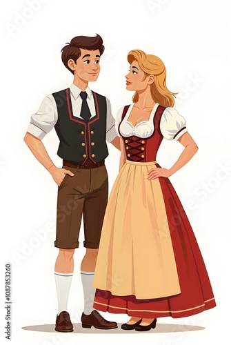 Illustration of a German couple in traditional clothing. white background