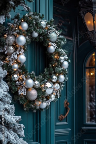 Decorative winter wreath with silver ornaments on a teal door during the holi...