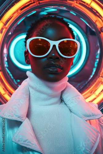 Stylish person in white sunglasses poses against vibrant neon lights at night