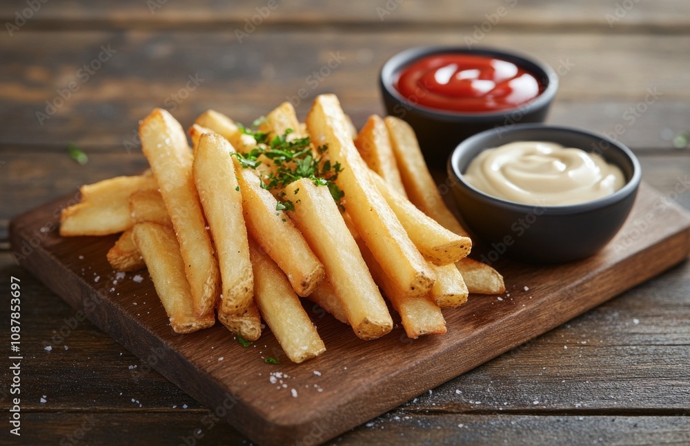 Crispy golden fries served with a small bowl of rich tomato ketchup on a wooden platter Crispy golden fries served with a small bowl of rich tomato ketchup on a wooden platter