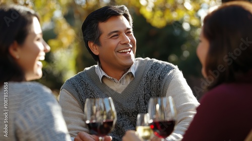 Friends enjoying laughter and conversation over wine at an outdoor gathering ...