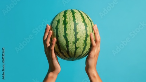 Person holding a large watermelon against a clear blue sky on a sunny day