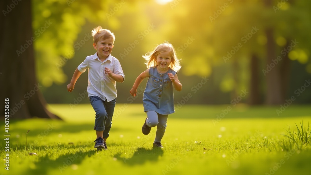 Three joyful children run together through a bright and sunny park on a warm afternoon Three joyful children run together through a bright and sunny park on a warm afternoon