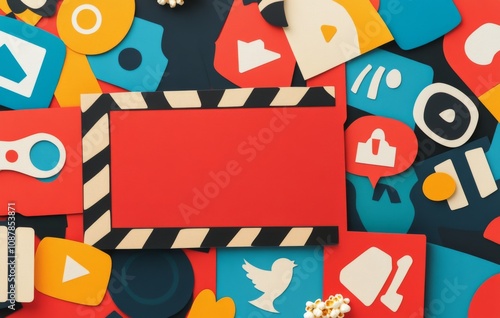Colorful collage of social media icons and shapes on a vibrant background in ...