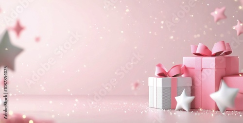 Colorful gift boxes with ribbons and stars on a pink sparkling background for...