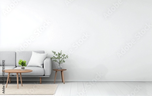 Modern living room with gray sectional sofa and round coffee table in a brigh...