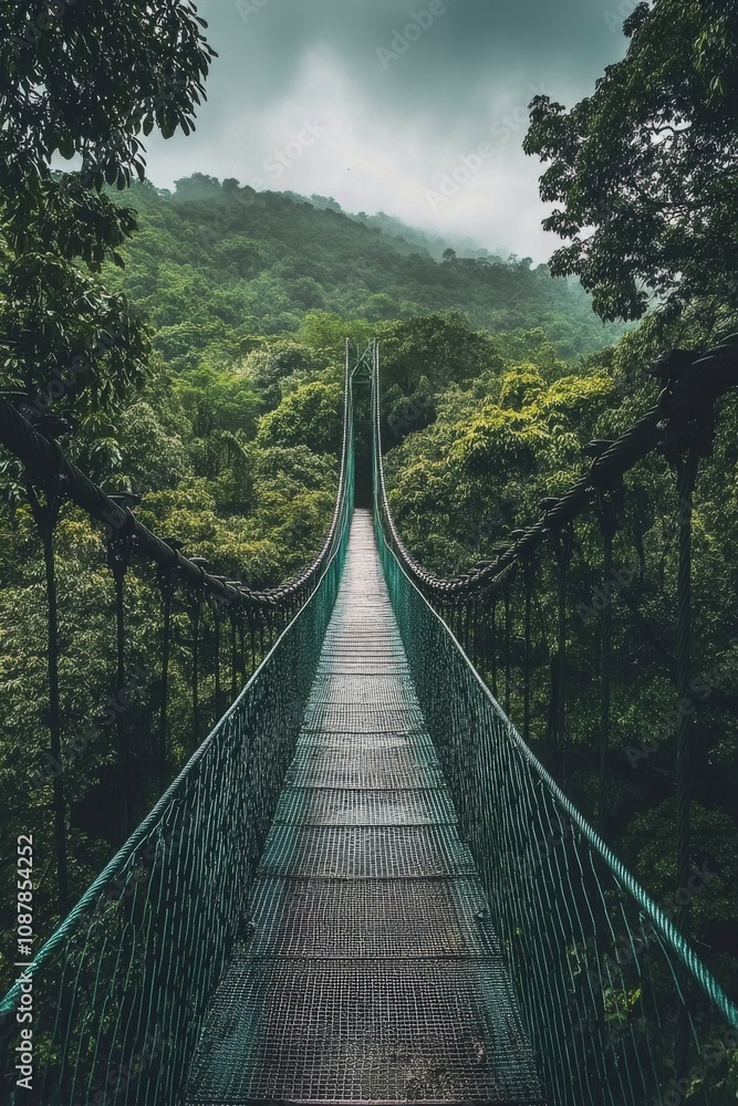 Obraz premium A serene forest canopy walk on a hanging bridge surrounded by lush greenery and mist