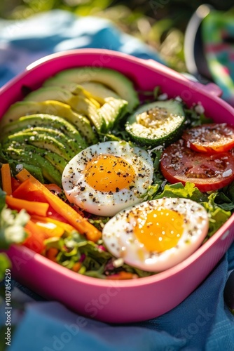Healthy salad bowl with fresh vegetables and poached eggs on a sunny day picn...