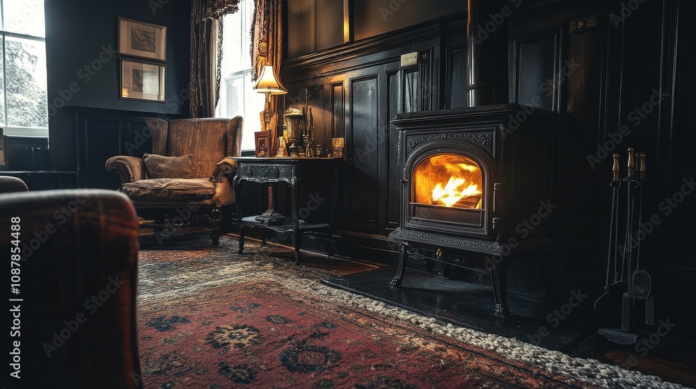 Cozy living room with a fireplace, armchair, and warm lighting during winter afternoon Cozy living room with a fireplace, armchair, and warm lighting during winter afternoon