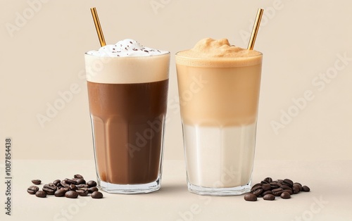 Two refreshing coffee drinks in clear cups with golden straws and beans on a ...