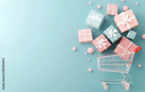 Shopping cart filled with colorful wrapped gifts floating against a bright bl...