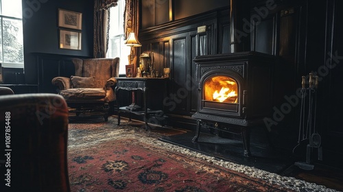 Cozy living room with a fireplace, armchair, and warm lighting during winter ...