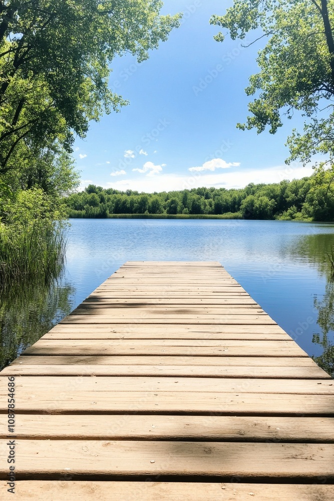 Fototapeta premium Wooden dock extending into calm water surrounded by lush greenery on a sunny day
