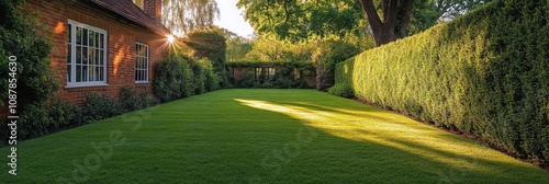 A serene garden with lush green grass and well trimmed hedges in the afternoo...