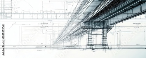 A bridge engineering blueprint with detailed structure, support beams, and materials