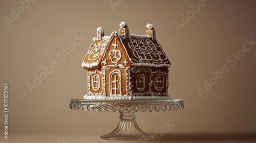 Decorative gingerbread house on a glass stand with simple icing detailing and...
