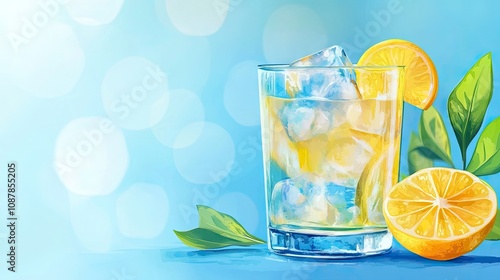 Refreshing lemonade with ice and lemon on a bright blue background.