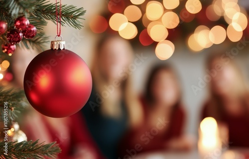 Family gathering around Christmas tree with festive decorations and joyful am...