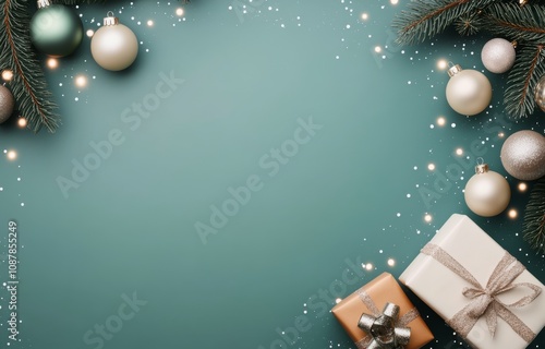 Christmas decorations with gifts and ornaments on a green background during t...