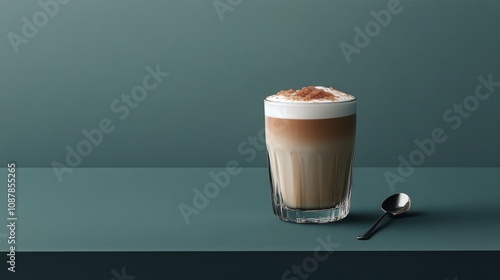 Creamy latte served in a glass with a spoon on a table in soft morning sunlight