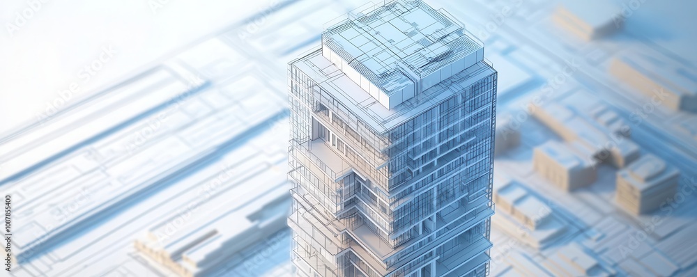 Fototapeta premium A highrise building design model, with architectural layers and structural blueprints