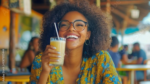 A woman enjoys a refreshing drink in a lively cafe during the sunny afternoon