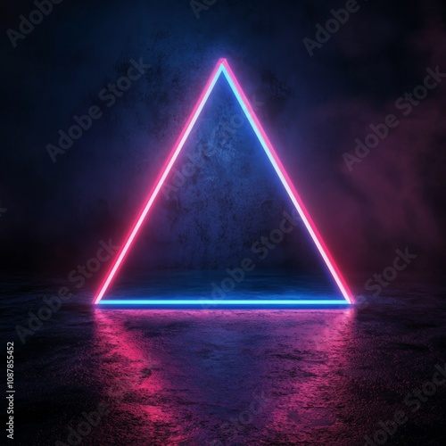 Vibrant neon triangle glowing against a dark background in a modern setting
