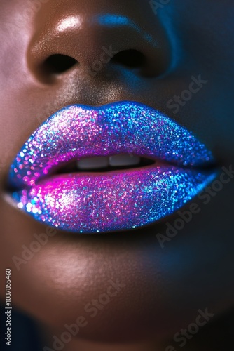 Close up of shiny lips adorned with colorful glitter against a dark backgroun...