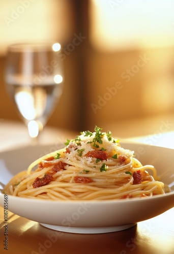 A bowl of freshly cooked spaghetti is garnished with basil leaves and sprinkl...