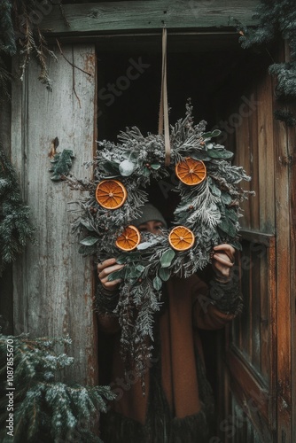 A person holding a festive wreath with dried oranges at a rustic wooden door ...