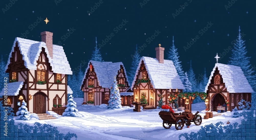Fototapeta premium Wallpaper pixel art, retro styles christmas cottage in evening winter landscape