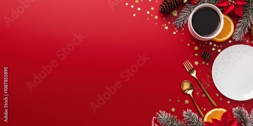 Festive holiday table setting with a red background, coffee, and seasonal dec...