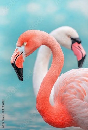 Flamingos in vibrant colors by a serene water body under a clear blue sky at ...