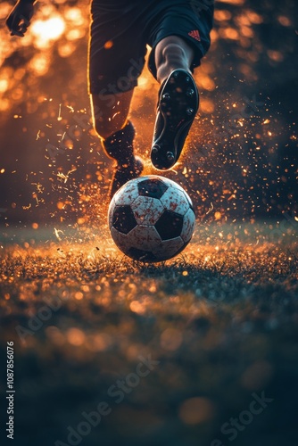 A player kicks a soccer ball in mid air with dust and debris flying during an...
