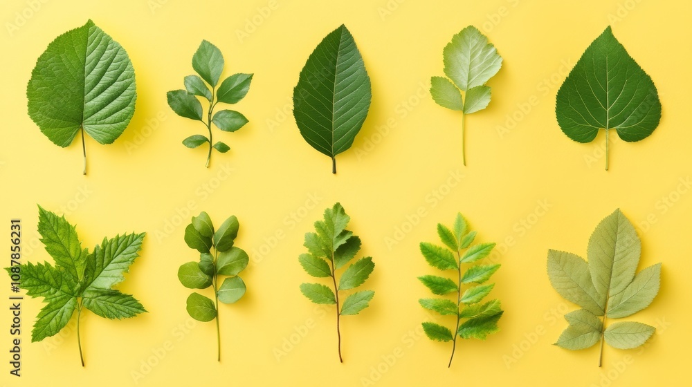 Fototapeta premium A collection of green leaves are arranged in a row on a yellow background