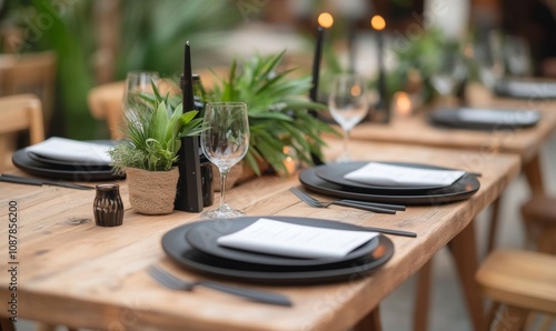 Elegant outdoor table setting with greenery and fine dining elements for a sp...