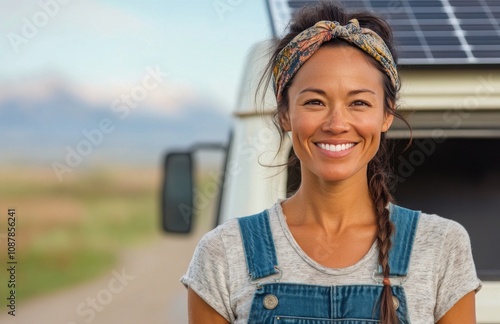 Young woman in overalls smiles brightly in front of a van under clear blue sky