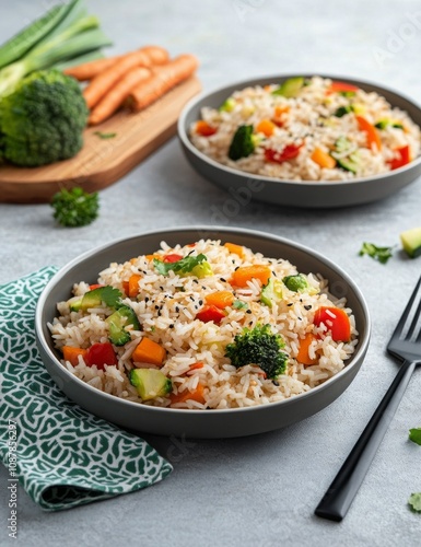 Freshly prepared vegetable fried rice with green onions and cilantro on a din...