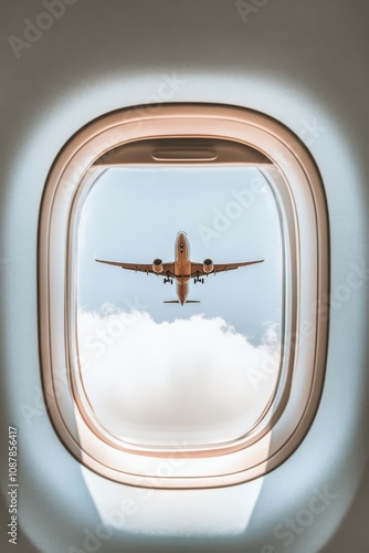 View of an airplane approaching for landing through a passenger window in the...