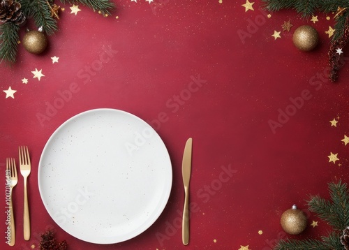 Elegant holiday table setting with golden cutlery and festive decorations on ...