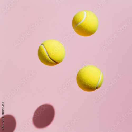 Two yellow tennis balls bouncing against a vibrant pink background in a playf...