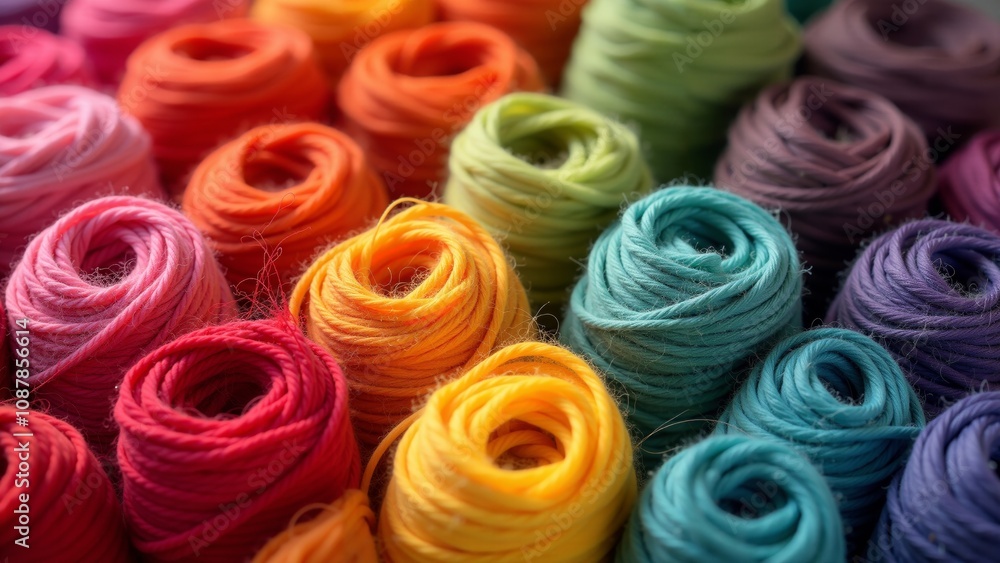 Colorful yarn bundles arranged meticulously in a craft workspace for creative projects Colorful yarn bundles arranged meticulously in a craft workspace for creative projects