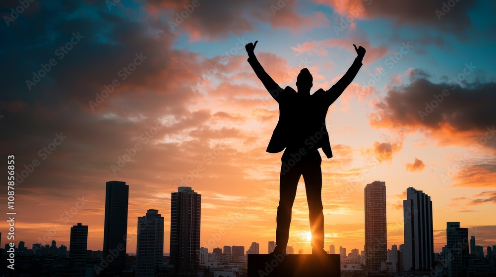 Visionary CEO Celebrating Success Against a Dramatic Sunset Over a City Skyline, Exuding Confidence and Achievement in Modern Business Visionary CEO Celebrating Success Against a Dramatic Sunset Over a City Skyline, Exuding Confidence and Achievement in Modern Business