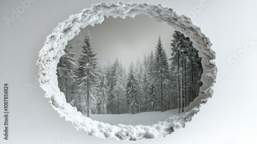 Winter landscape seen through a circular window in a modern minimalist room