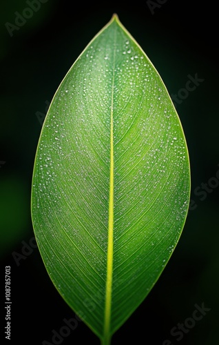 Close up view of a green leaf with water droplets in a natural setting during...