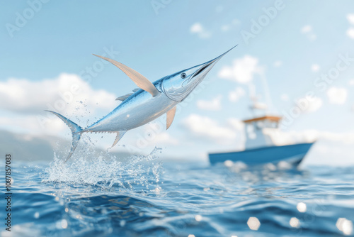 Wallpaper Mural Marlin leaps out of the ocean with a fishing boat in the background Torontodigital.ca
