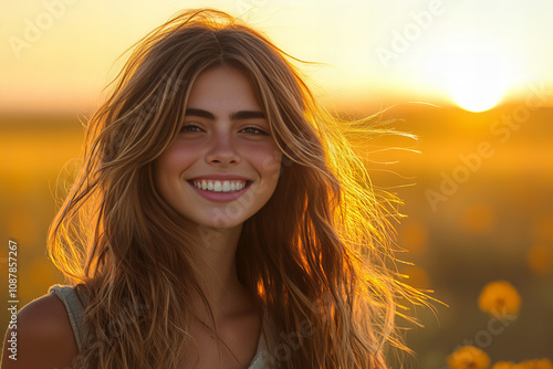 Smiling Woman in Natural Sunset Glow, Outdoor Portrait Depicting Happiness, Beauty, and Relaxation in a Scenic Meadow