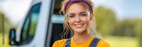 Young woman with glasses and a headband smiles in front of a vintage van on a...