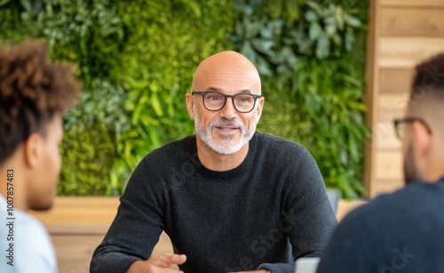 Professional man discussing ideas in a modern office setting during a busines...